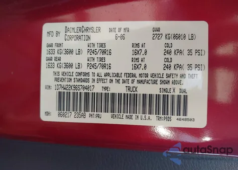 2006 Dodge Dakota St из США, поврежденный, VIN 1D7HW22K96S704017